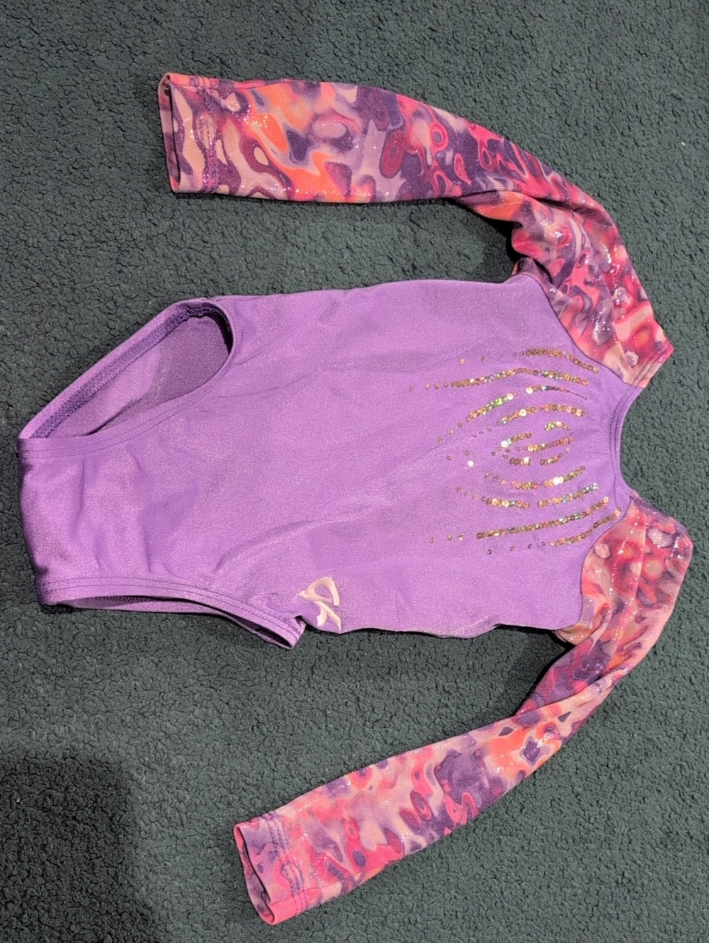 Girls' Purple Long Sleeve One-Piece Leotard with Pink Patterned Sleeves No Tag